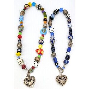 Artisan Glass Bead Necklace Lot Tested 925 Heart Pendant Hand Painted Boho 2pc